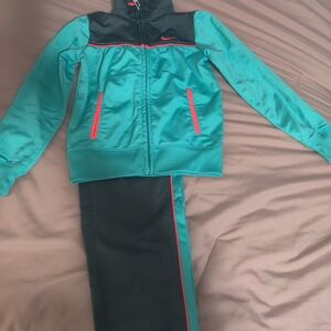 Nike Teal and Black Kids Track Set with Pink Trim